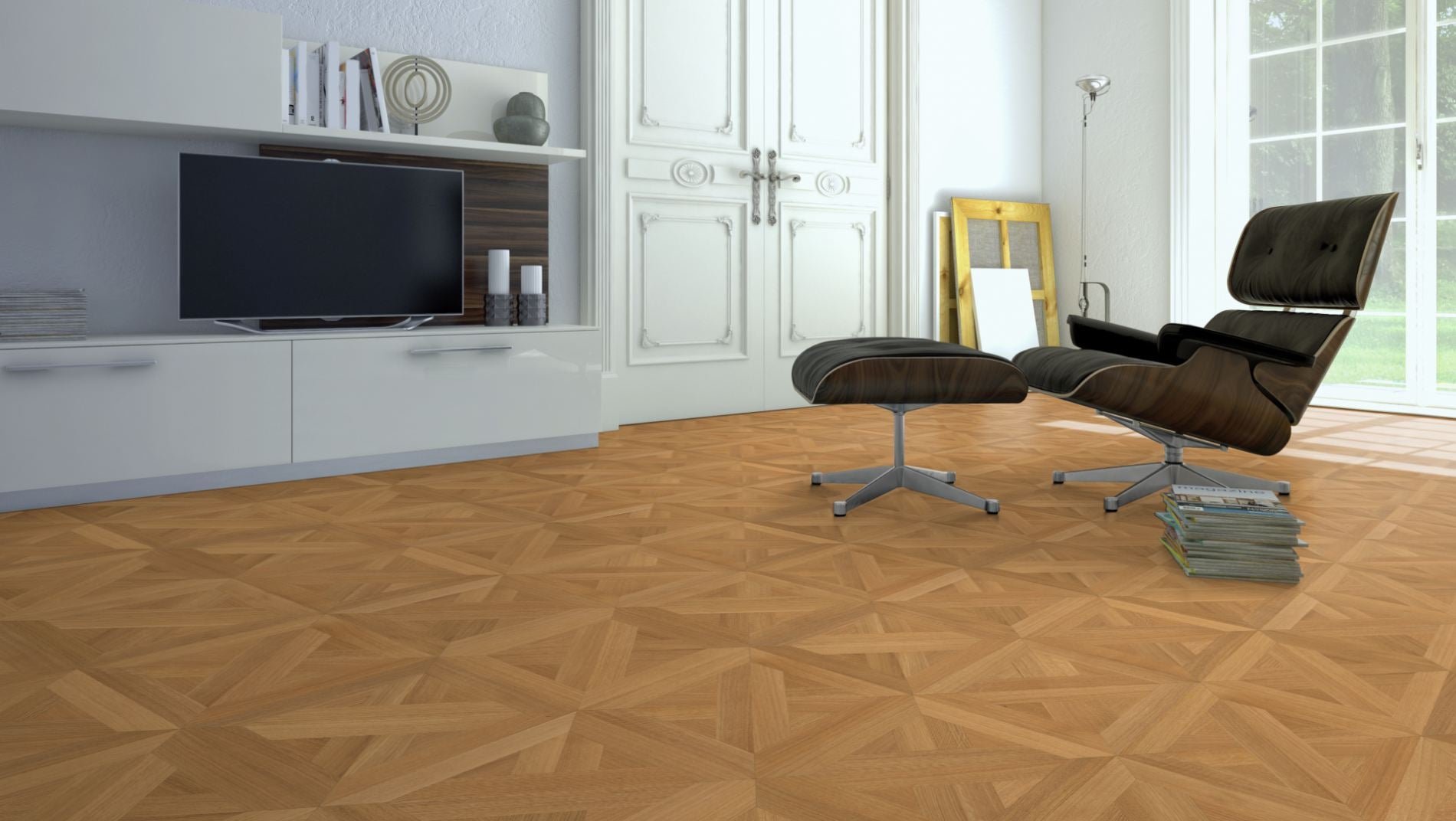 Eiche Exquisit BERN 50 Tafelboden massiv 15 mm 340 × 340 mm – Beispielbild Wohnzimmer mit Designer–Stuhl