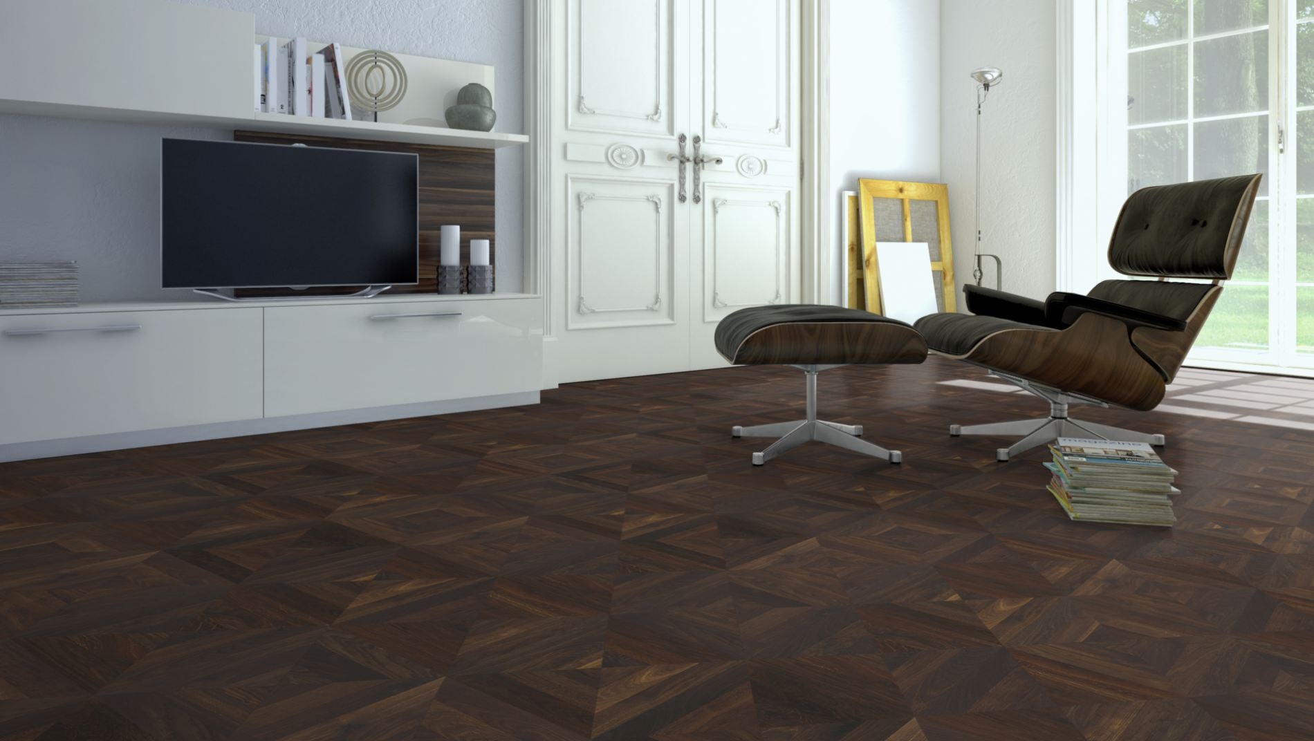Räuchereiche Naturell BERLIN 70 Tafelboden massiv 10 mm 420 × 420 mm – Beispielbild Wohnzimmer mit Designer–Stuhl