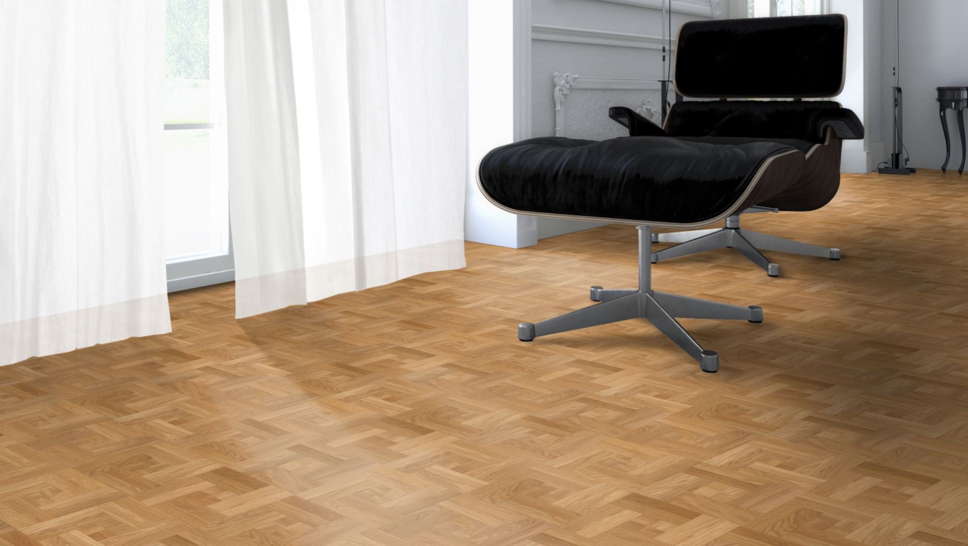 Eiche Natur PARIS 70 Tafelboden massiv 10 mm 420 × 420 mm – Beispielbild Designer Stuhl