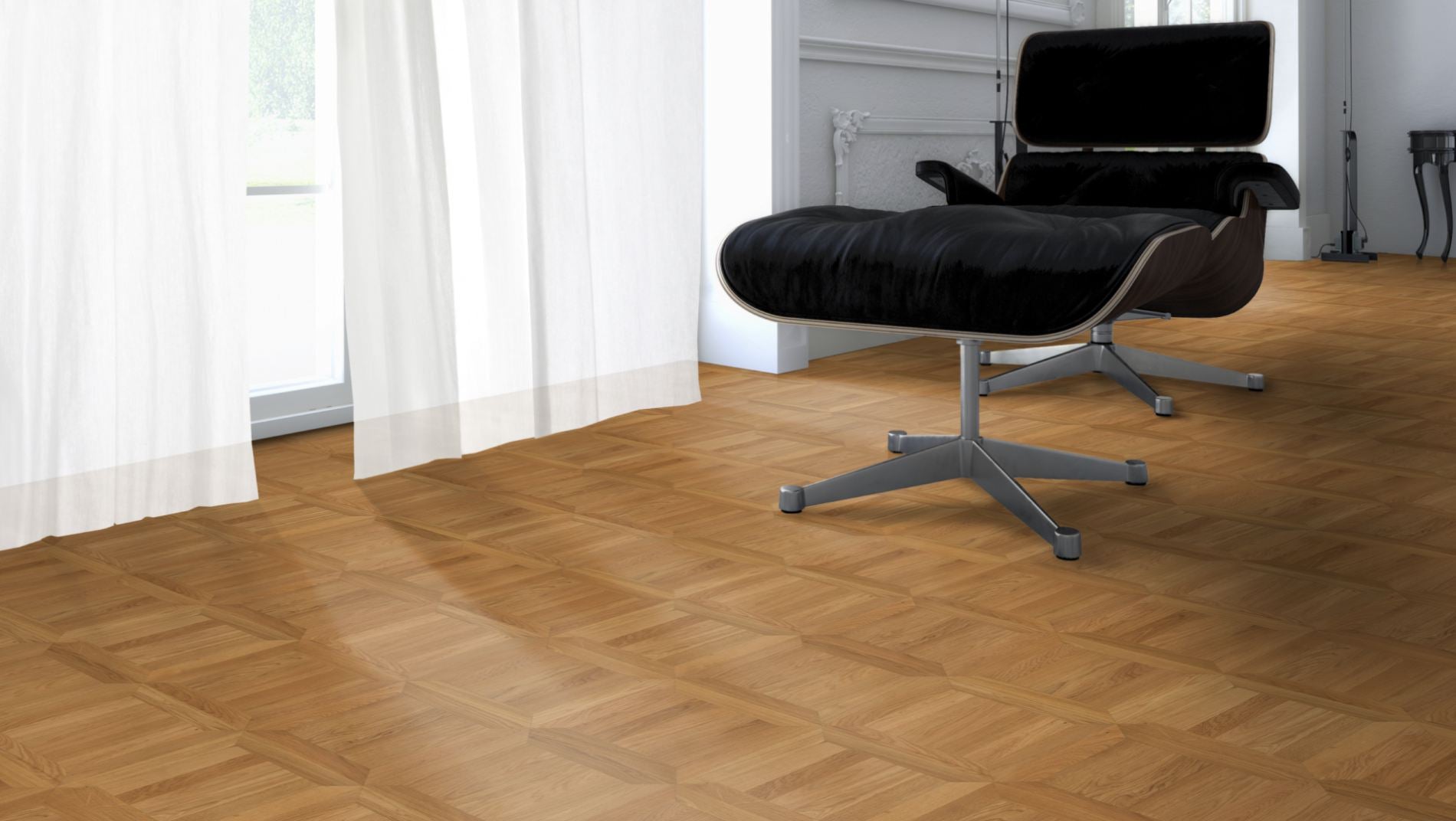Eiche Natur ROM 70 Tafelboden massiv 10 mm 490 × 490 mm – Beispielbild Designer Stuhl