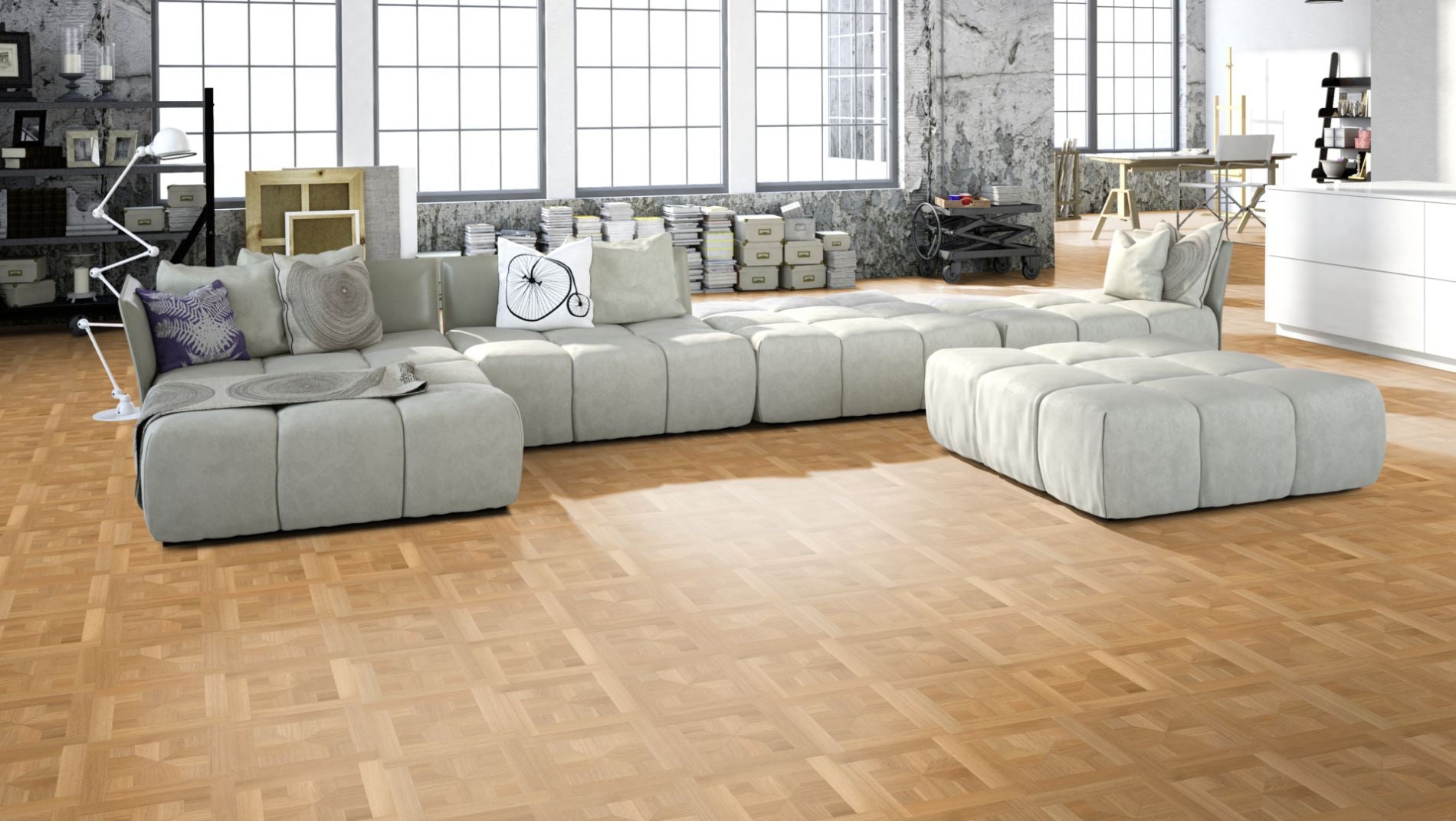 Eiche Exquisit LONDON 70 Tafelboden massiv 15 mm 420 × 420 mm – Beispielbild Wohnzimmer mit grauem Sofa