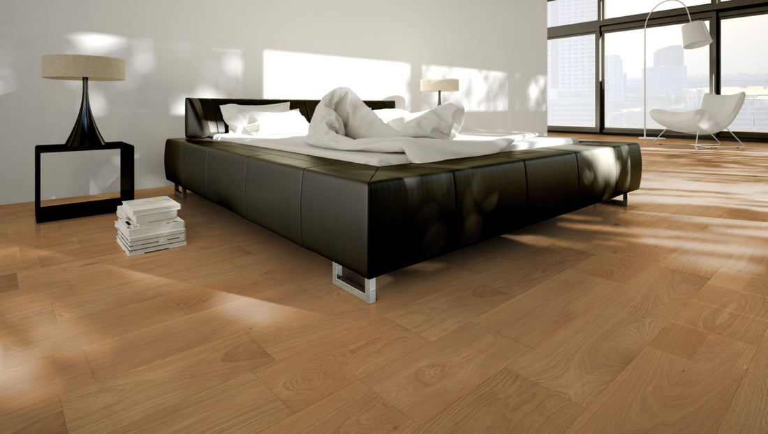 Eiche Eleganz/Natur gebürstet & farblos oxidativ geölt Massivholzdiele 10 × 100 mm – Beispielbild modernes Schlafzimmer