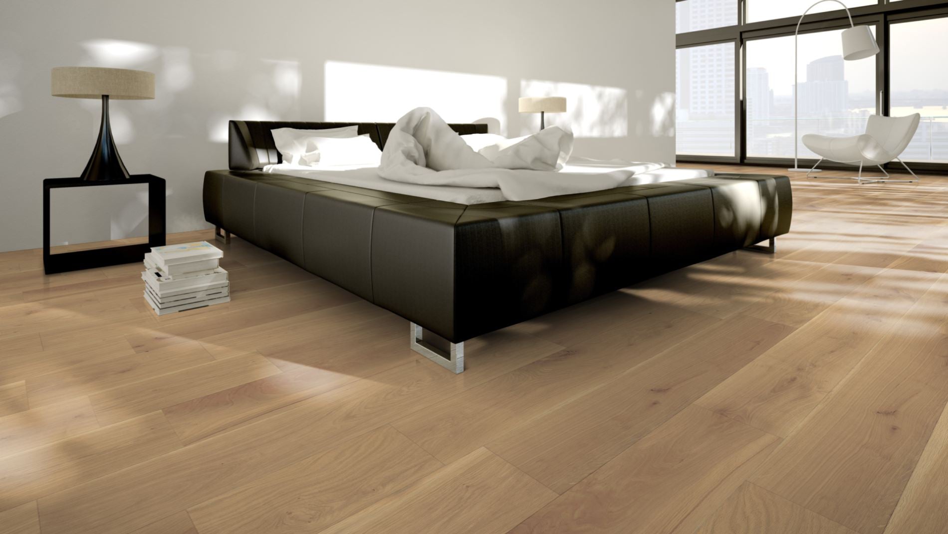 Eiche Markant/Rustikal 5 % weiß oxidativ geölt Massivholzdiele 10 × 100 mm – Beispielbild modernes Schlafzimmer