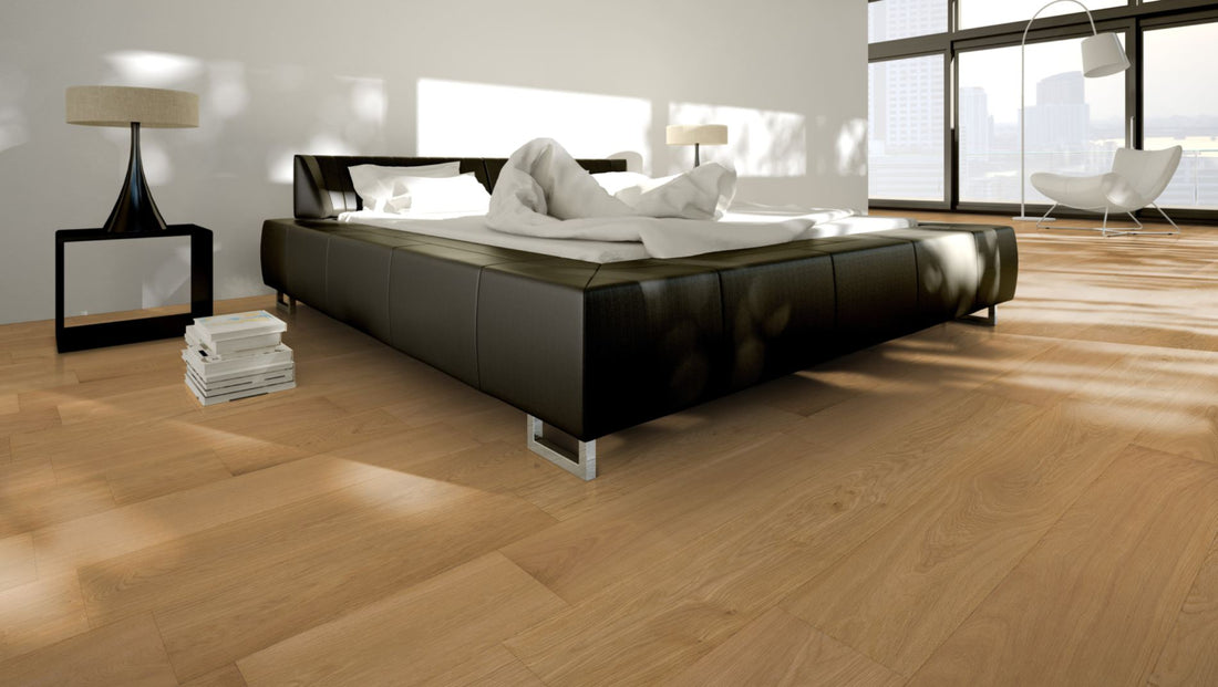 Eiche Eleganz gebürstet & oxidativ farblos geölt Massivholzdiele 15 × 150 mm – Beispielbild modernes Schlafzimmer
