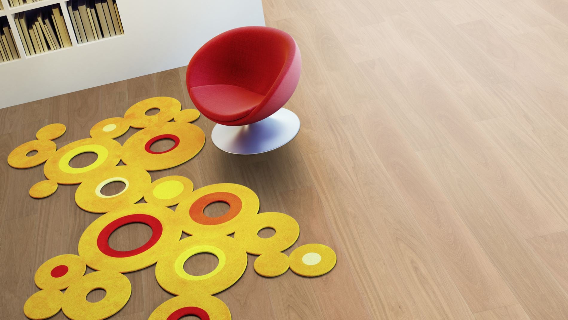 Eiche Eleganz 5 % weiß oxidativ geölt Massivholzdiele 15 × 150 mm – Beispielbild Wohnzimmer mit rotem Stuhl
