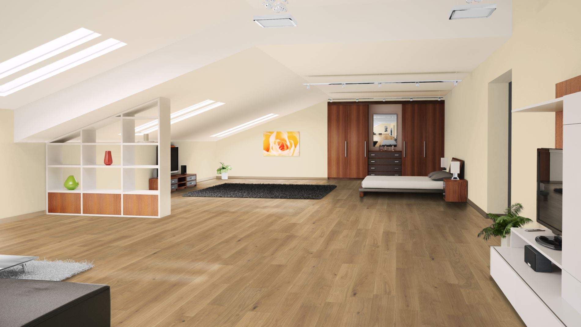 Eiche Natur 5 % weiß oxidativ geölt Massivholzdiele 15 × 150 mm – Beispielbild Schlafzimmer im Dachgeschoss