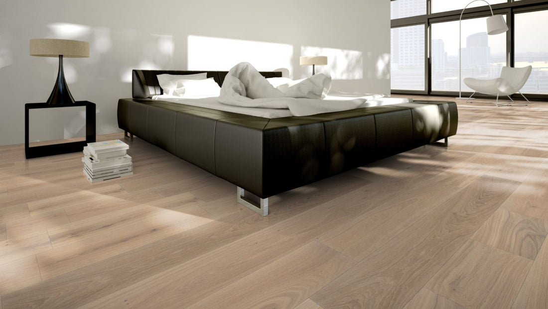 Eiche Natur 15 % weiß oxidativ geölt Massivholzdiele 15 × 150 mm – Beispielbild modernes Schlafzimmer