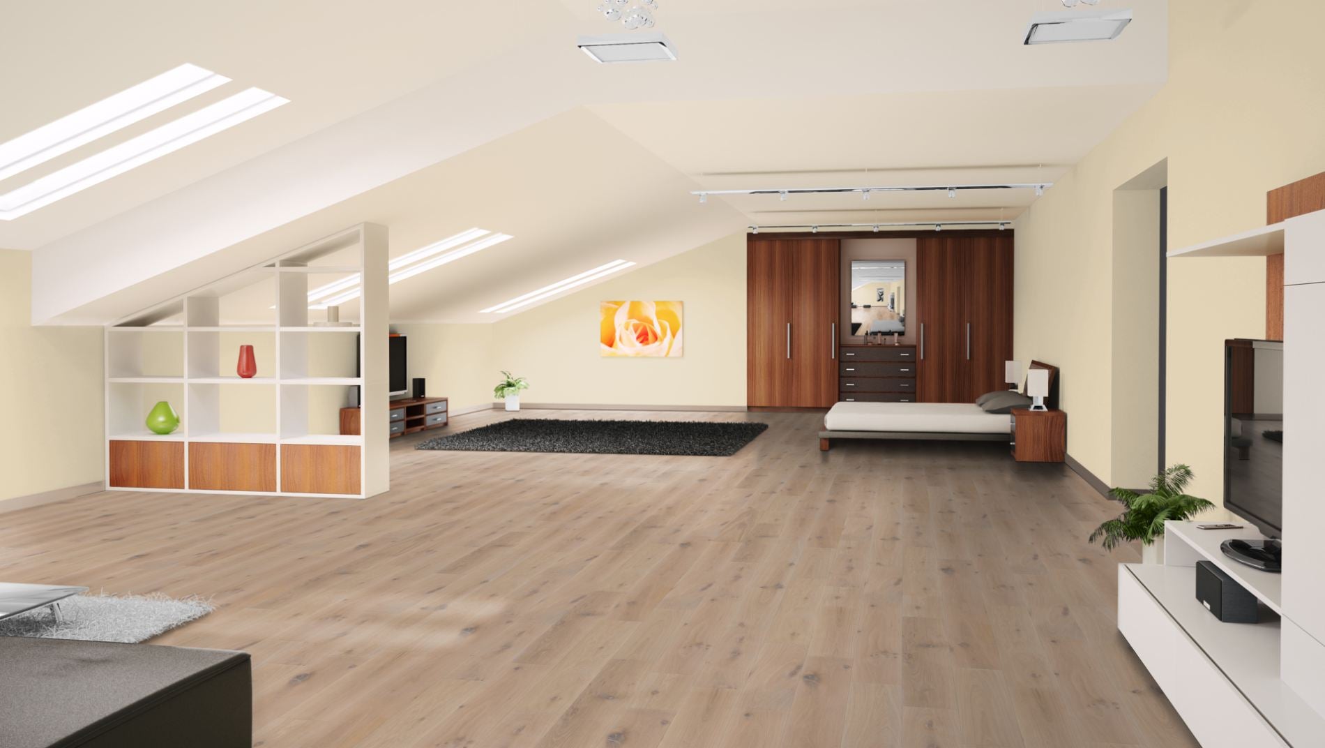 Eiche Markant 15 % weiß oxidativ geölt Massivholzdiele 15 × 150 mm – Beispielbild Schlafzimmer im Dachgeschoss