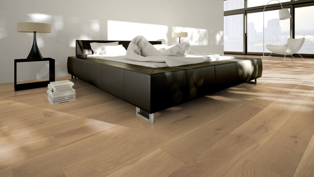 Eiche Rustikal 5 % weiß oxidativ geölt Massivholzdiele 15 × 150 mm – Beispielbild modernes Schlafzimmer