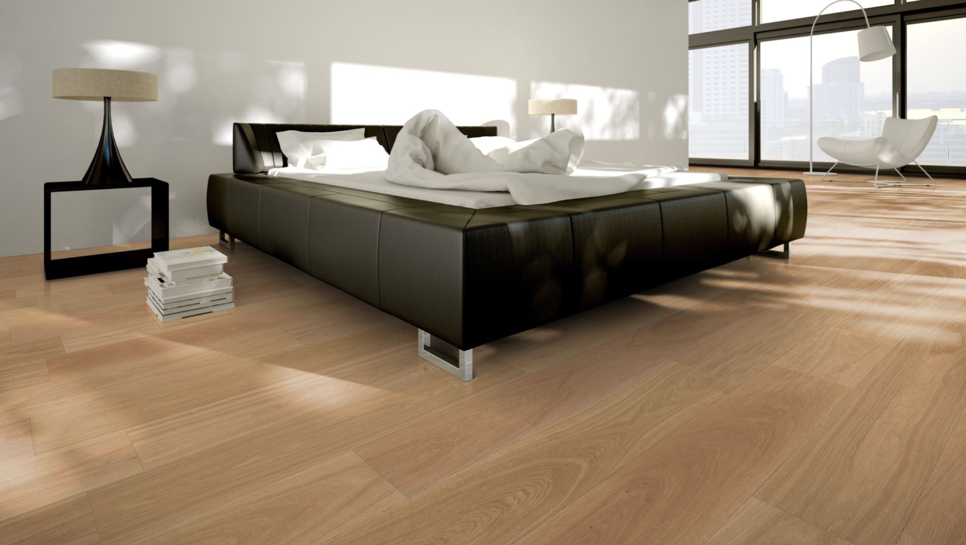 Eiche Eleganz 5 % weiß oxidativ geölt Massivholzdiele 20 × 120 mm – Beispielbild modernes Schlafzimmer