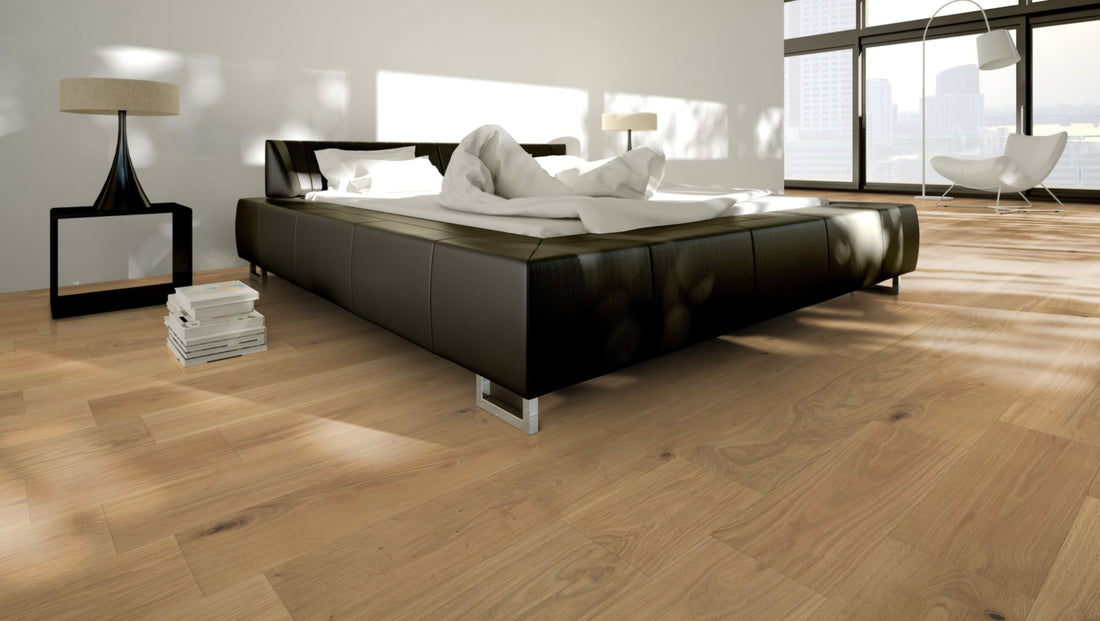 Eiche Natur 5 % weiß oxidativ geölt Massivholzdiele 20 × 120 mm – Beispielbild modernes Schlafzimmer