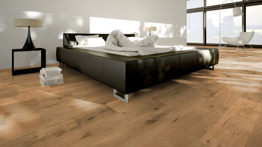 Eiche Markant roh, geschliffen Massivholzdiele 20 × 120 mm – Beispielbild modernes Schlafzimmer
