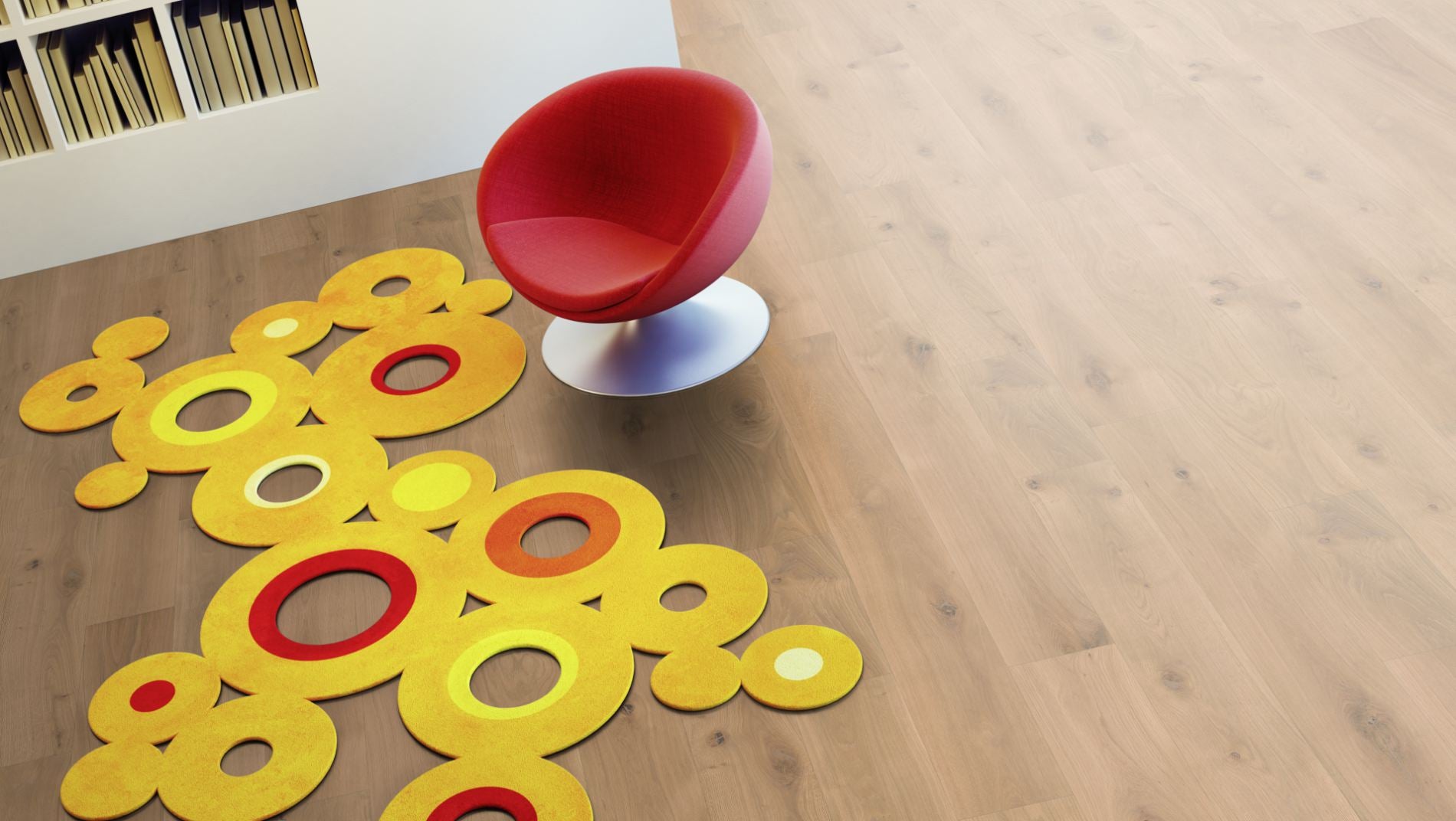 Eiche Markant 5 % weiß oxidativ geölt Massivholzdiele 20 × 120 mm – Beispielbild Wohnzimmer mit rotem Stuhl