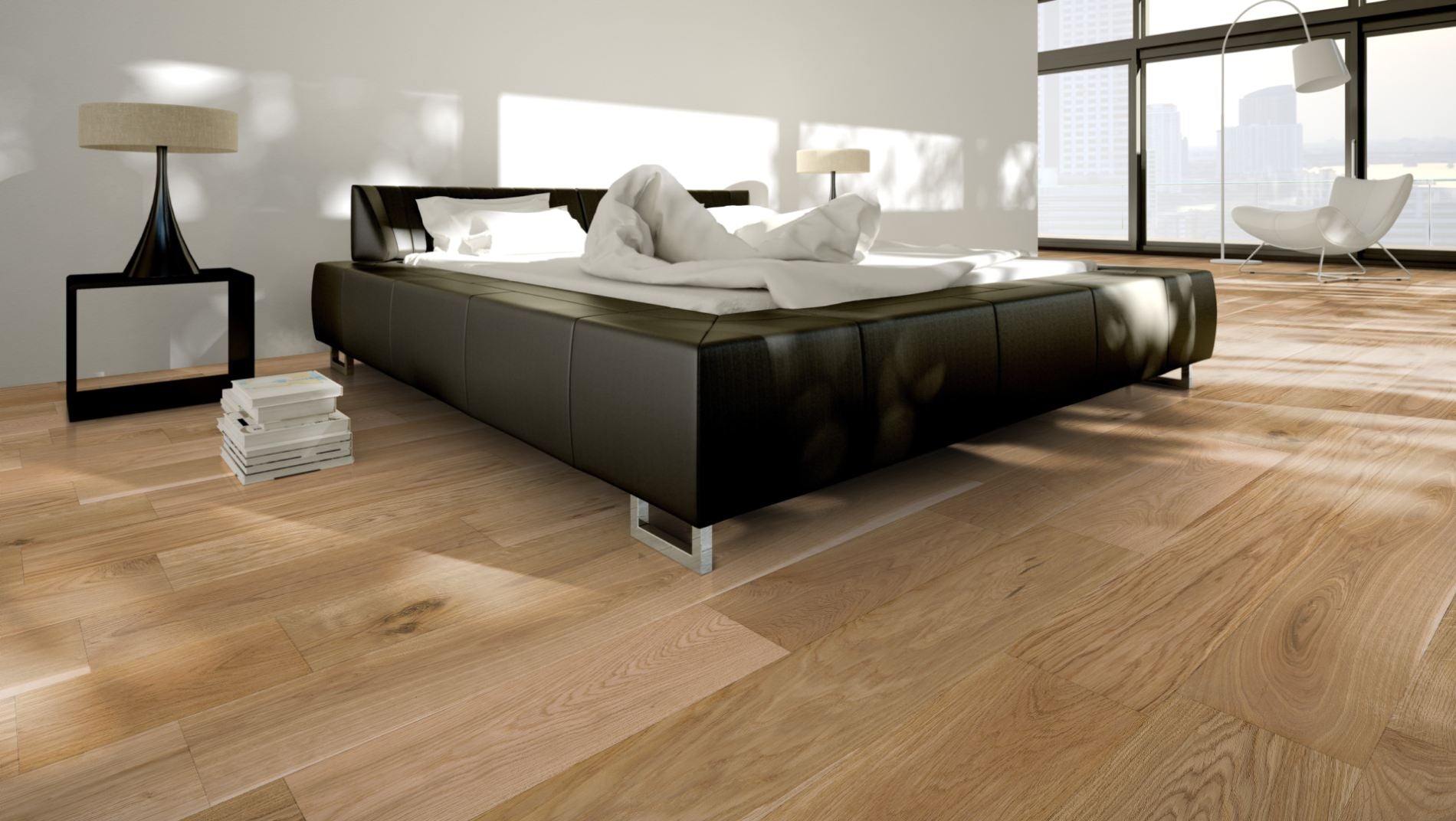 Eiche Rustikal gebürstet & oxidativ farblos geölt Massivholzdiele 20 × 120 mm – Beispielbild modernes Schlafzimmer