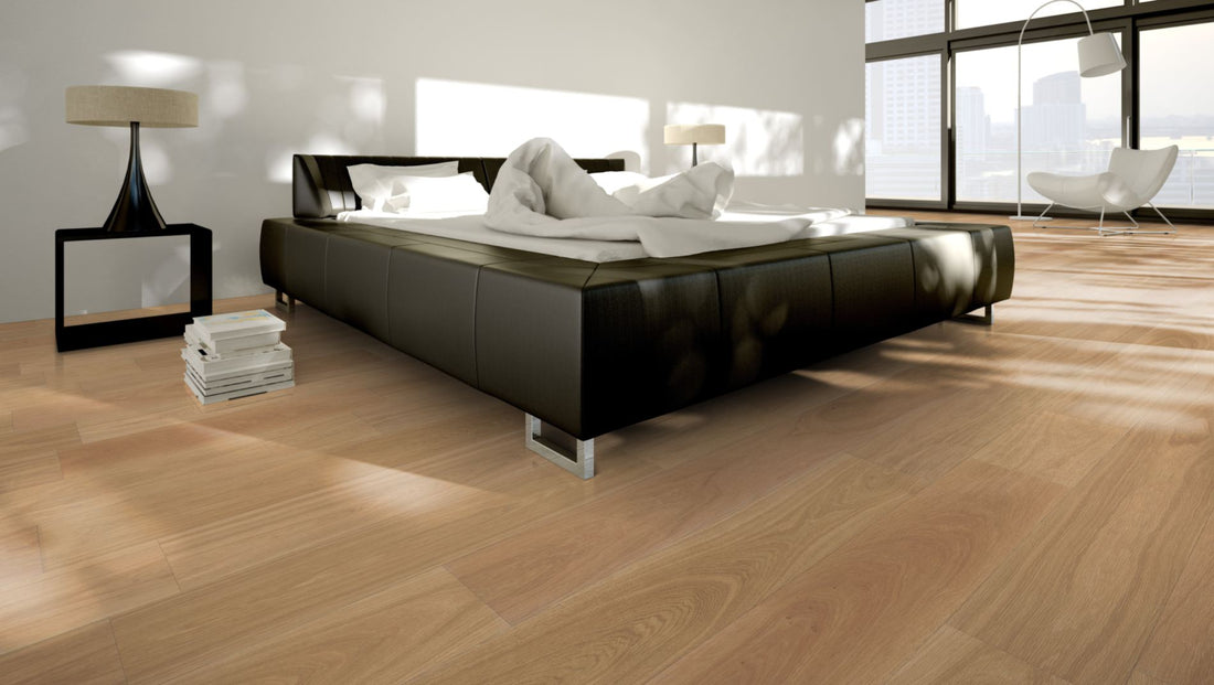 Eiche Eleganz 5 % weiß oxidativ geölt Massivholzdiele 20 × 140 mm – Beispielbild modernes Schlafzimmer