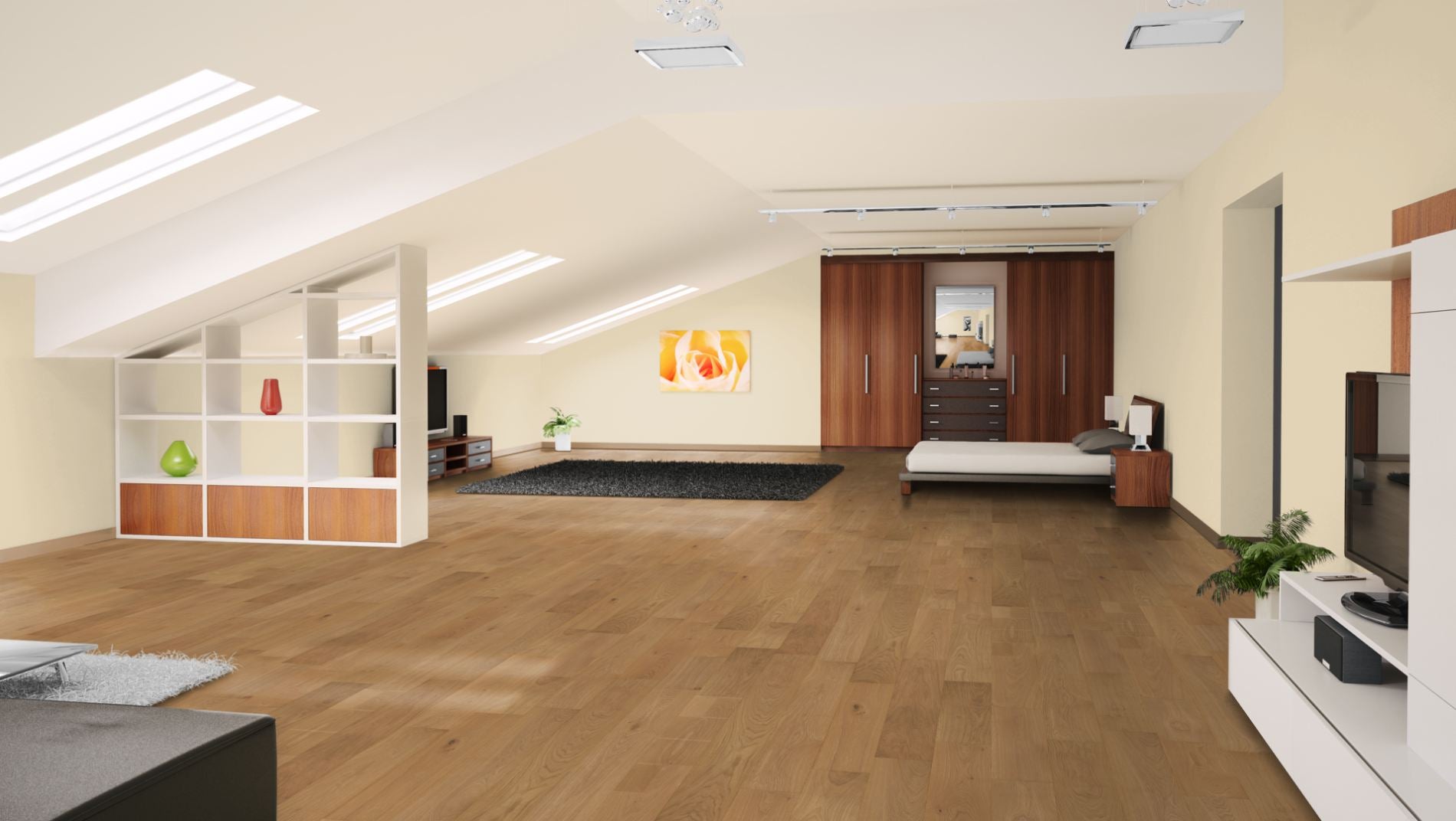 Eiche Natur oxidativ farblos geölt Massivholzdiele 20 × 140 mm – Beispielbild Schlafzimmer im Dachgeschoss