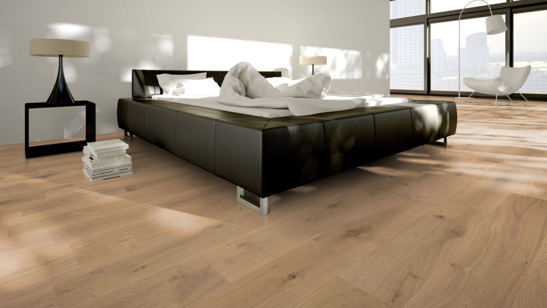 Eiche Markant 5 % weiß oxidativ geölt Massivholzdiele 20 × 140 mm – Beispielbild modernes Schlafzimmer