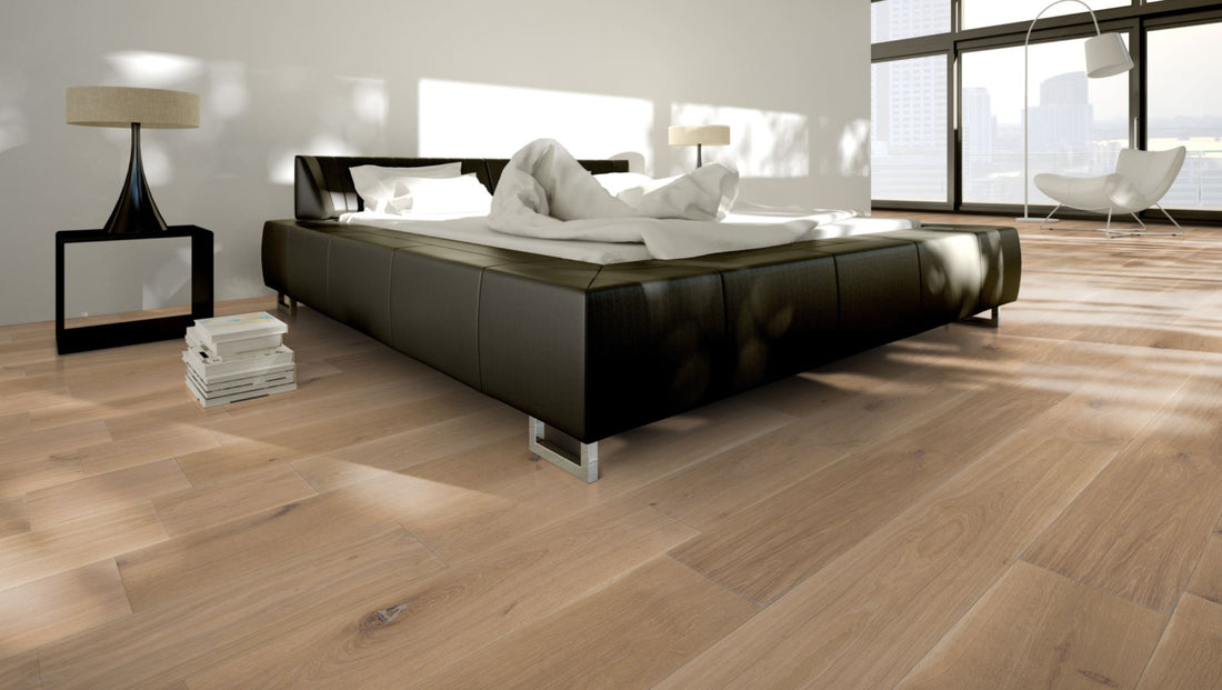 Eiche Rustikal 15 % weiß oxidativ geölt Massivholzdiele 20 × 140 mm – Beispielbild modernes Schlafzimmer