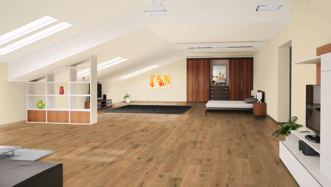 Eiche Markant oxidativ farblos geölt Massivholzdiele 20 × 160 mm – Beispielbild Schlafzimmer im Dachgeschoss