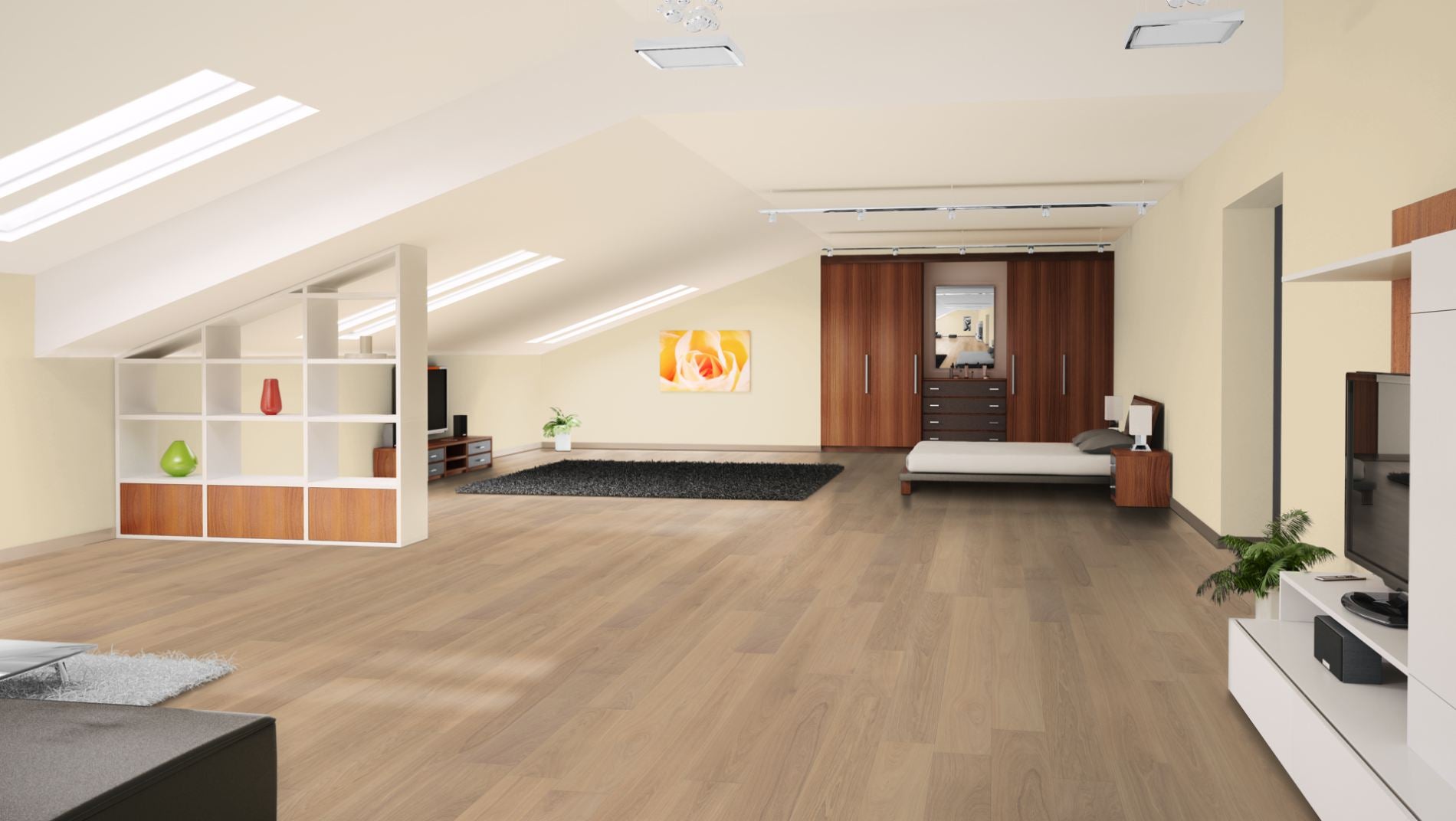 Eiche Eleganz 15 % weiß oxidativ geölt Massivholzdiele 20 × 180 mm – Beispielbild Schlafzimmer im Dachgeschoss