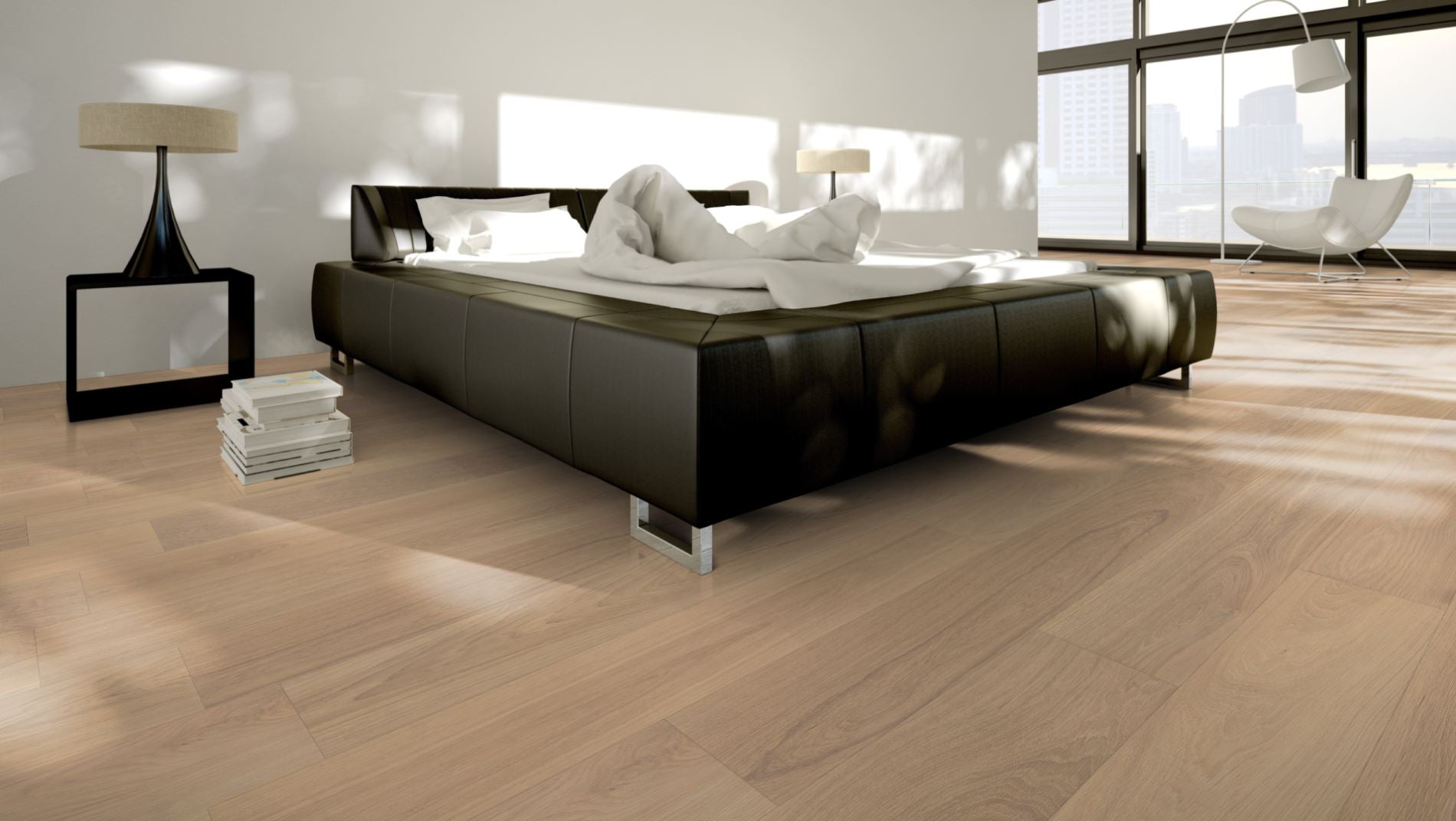 Eiche Eleganz 15 % weiß oxidativ geölt Massivholzdiele 20 × 180 mm – Beispielbild modernes Schlafzimmer