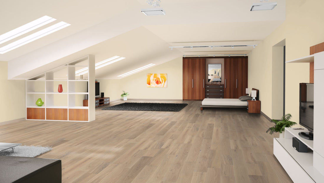 Eiche Natur 15 % weiß oxidativ geölt Massivholzdiele 20 × 180 mm – Beispielbild Schlafzimmer im Dachgeschoss