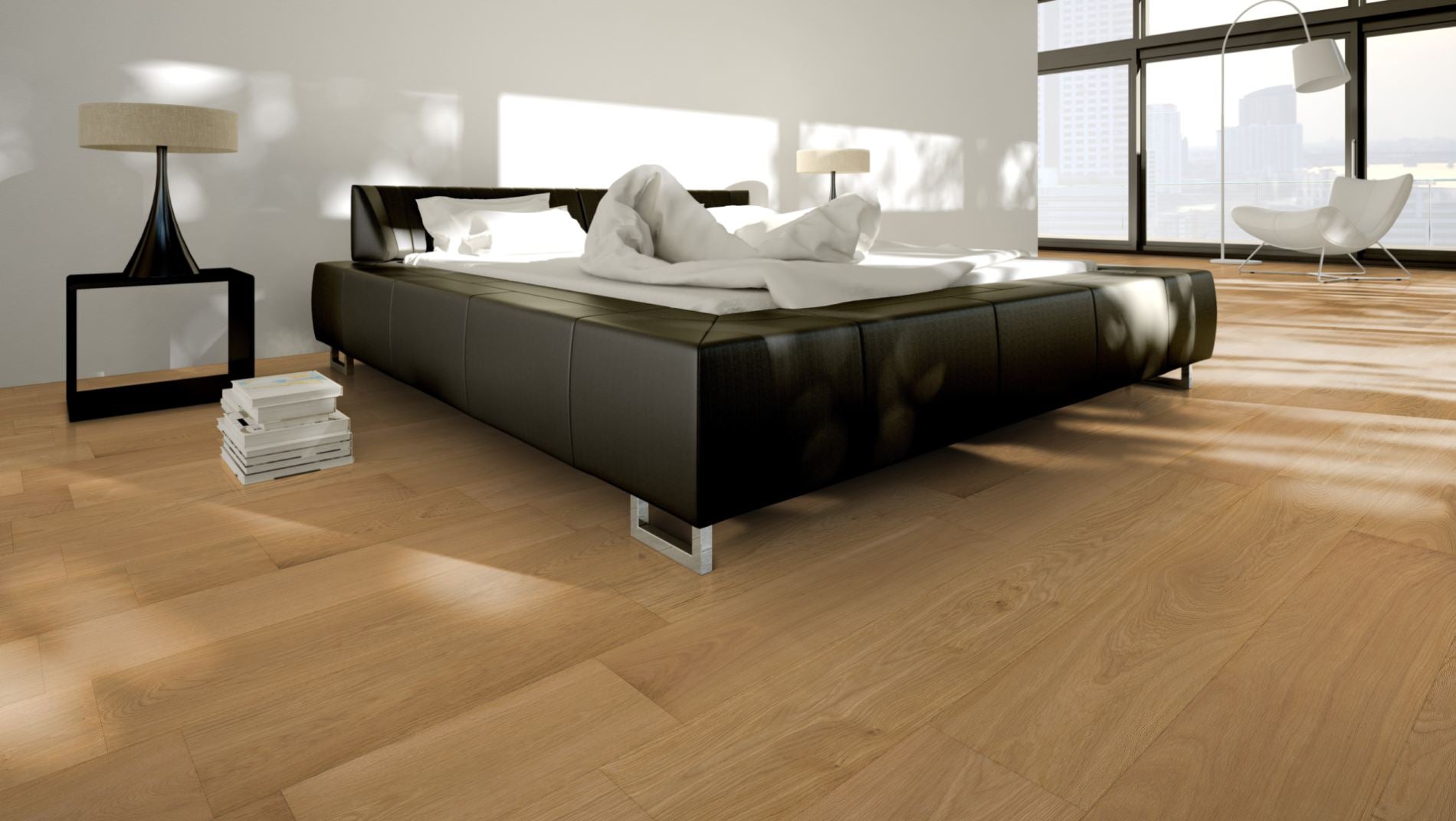 Eiche Eleganz roh, geschliffen Massivholzdiele 20 × 200 mm – Beispielbild modernes Schlafzimmer