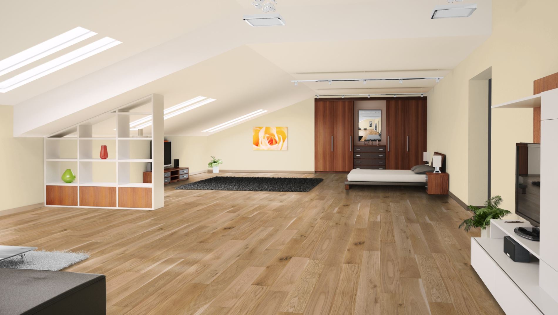 Eiche Rustikal gebürstet & oxidativ farblos geölt Massivholzdiele 20 × 200 mm – Beispielbild Schlafzimmer im Dachgeschoss