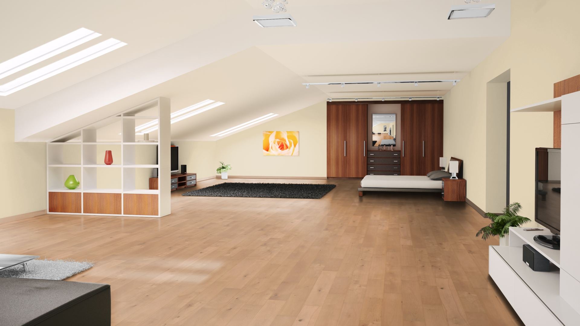 Buche gedämpft Eleganz/Natur roh, geschliffen Massivholzdiele 15 × 135 mm – Beispielbild Schlafzimmer im Dachgeschoss