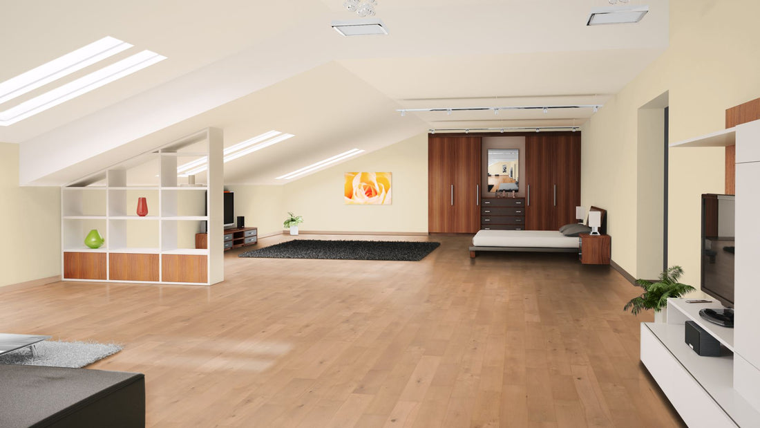 Buche gedämpft Eleganz/Natur geölt, geschliffen Massivholzdiele 20 × 135 mm – Beispielbild Schlafzimmer im Dachgeschoss