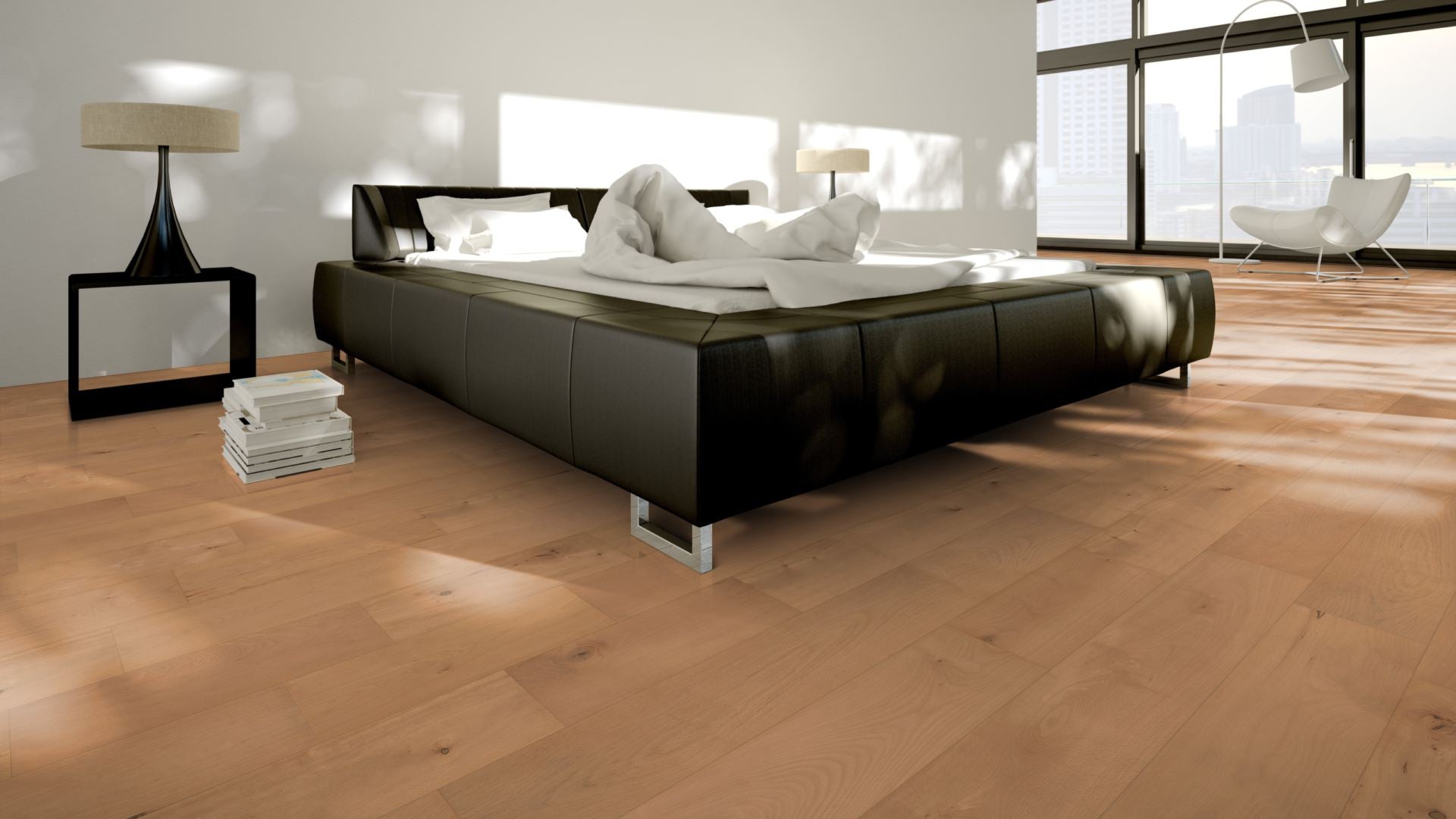 Buche gedämpft Eleganz/Natur roh, geschliffen Massivholzdiele 15 × 135 mm – Beispielbild modernes Schlafzimmer