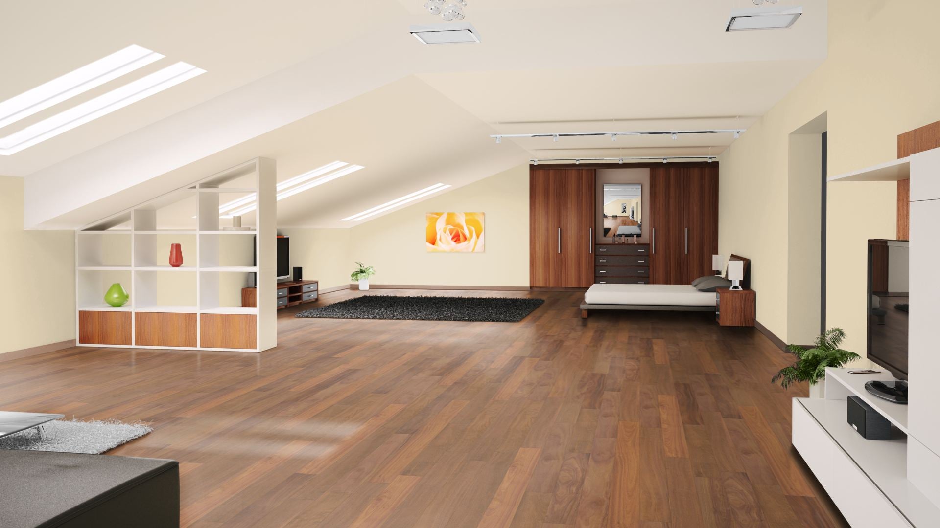 Cumaru Eleganz roh, geschliffen Massivholzdiele 20 × 135 mm – Beispielbild Schlafzimmer im Dachgeschoss