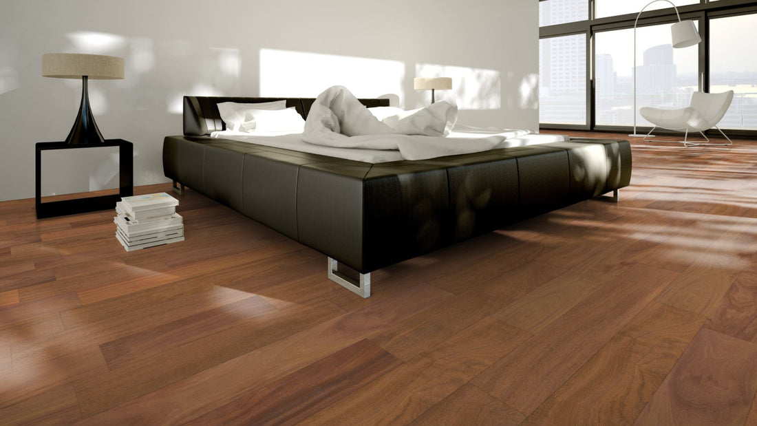 Cumaru Eleganz roh, geschliffen Massivholzdiele 20 × 135 mm – Beispielbild modernes Schlafzimmer