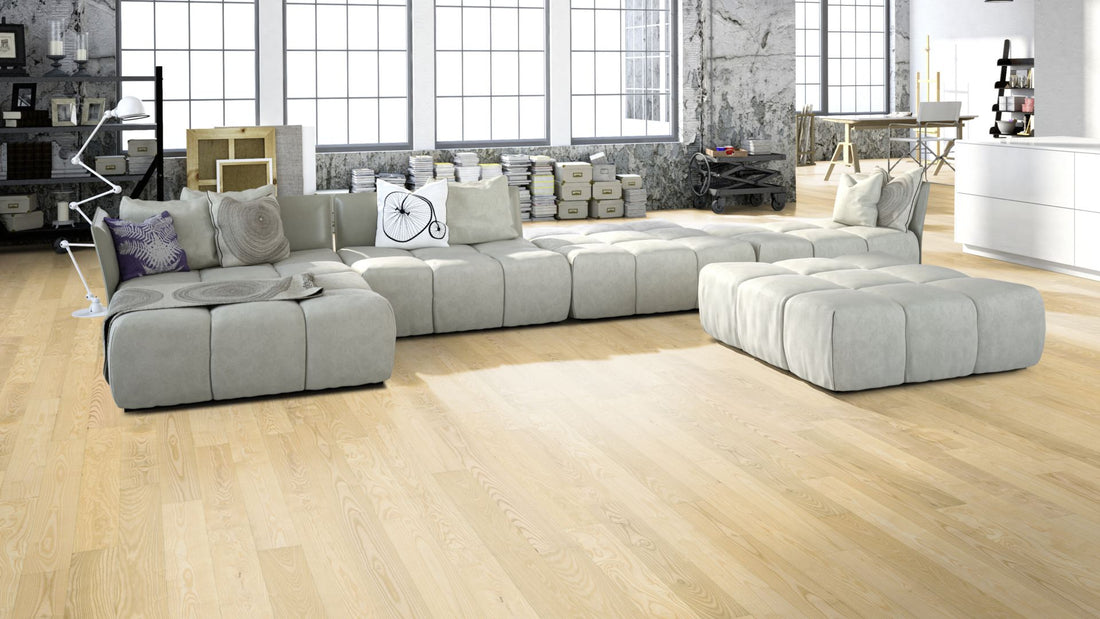 Esche Eleganz gebürstet & geölt, geschliffen Massivholzdiele Beispielbild Wohnzimmer mit grauem Sofa