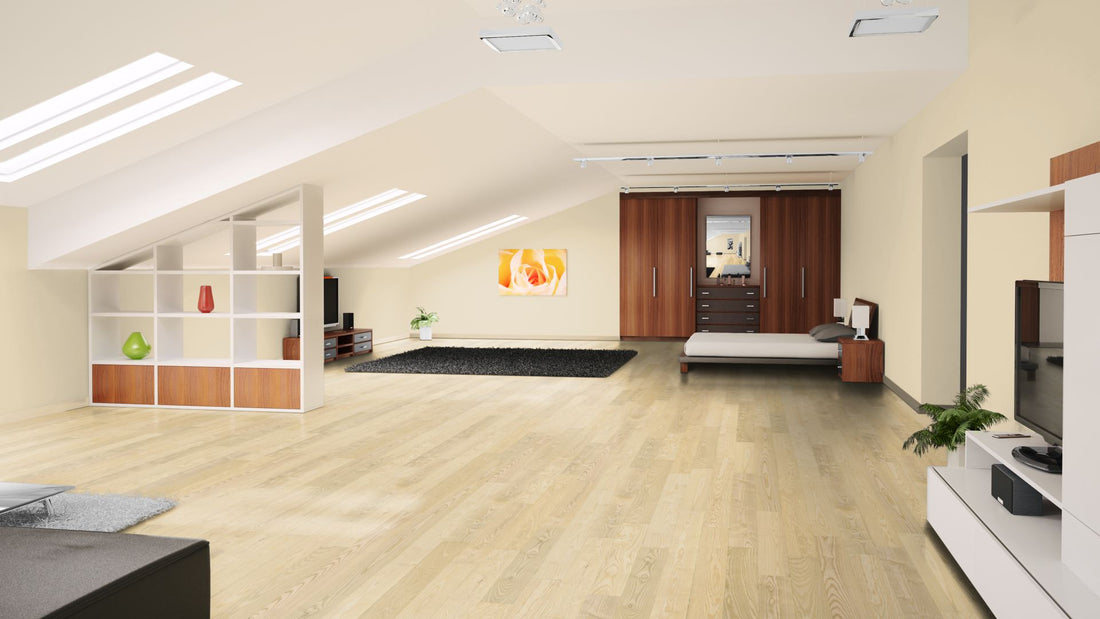 Esche Eleganz geölt, geschliffen Massivholzdiele 20 × 130 mm – Beispielbild Schlafzimmer im Dachgeschoss