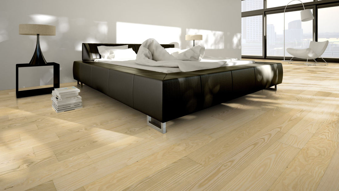 Esche Eleganz geölt, geschliffen Massivholzdiele 20 × 130 mm – Beispielbild modernes Schlafzimmer