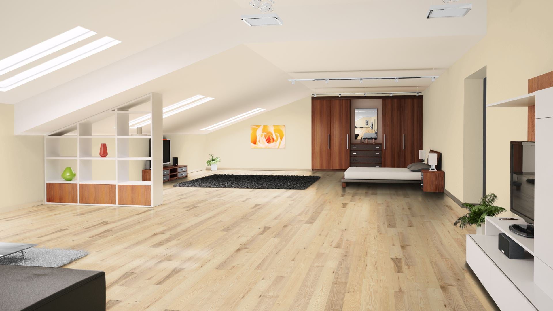 Esche Natur geölt, geschliffen Massivholzdiele 15 × 130 mm – Beispielbild Schlafzimmer im Dachgeschoss