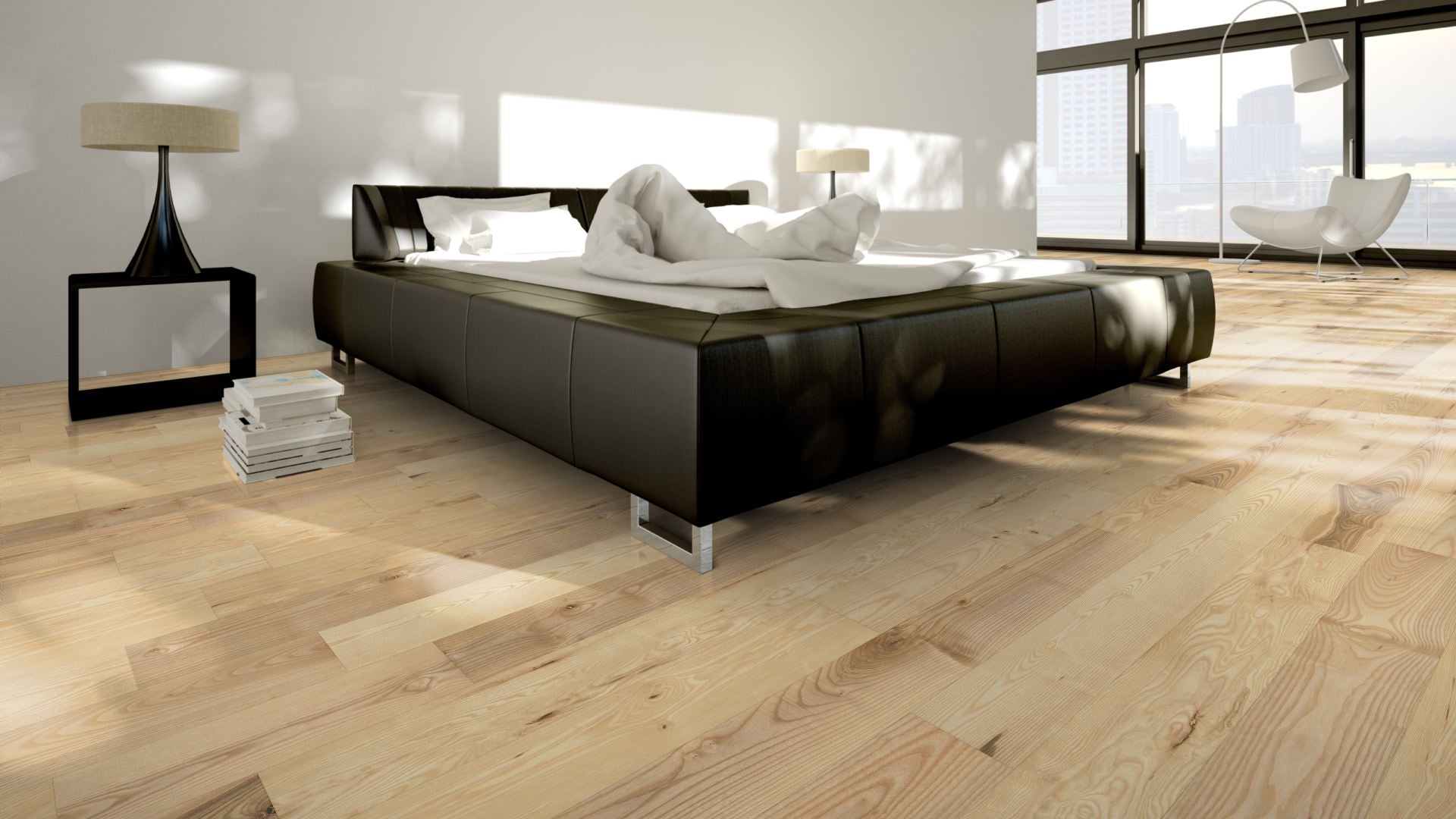 Esche Natur geölt, geschliffen Massivholzdiele 15 × 130 mm – Beispielbild modernes Schlafzimmer