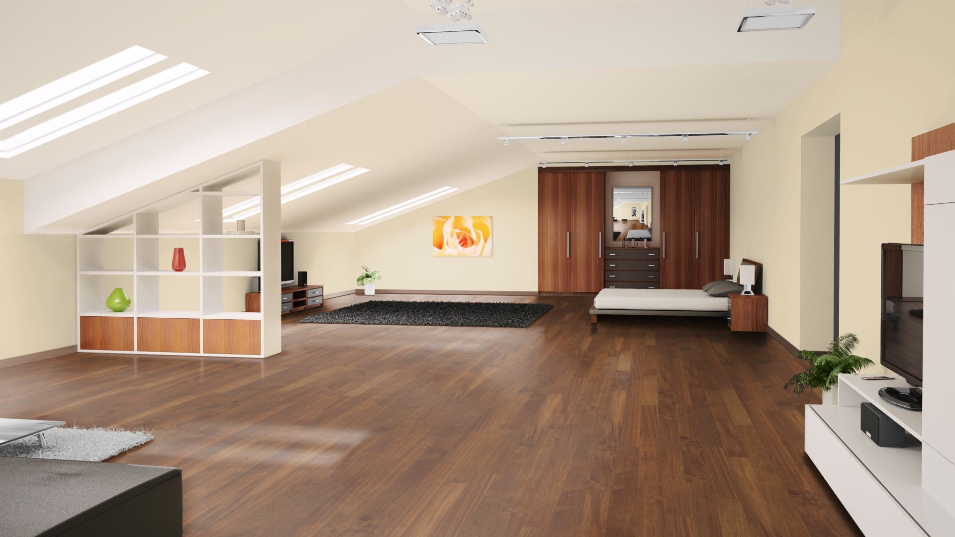 Merbau Eleganz geölt, geschliffen Massivholzdiele 15 × 120 mm – Beispielbild Schlafzimmer im Dachgeschoss