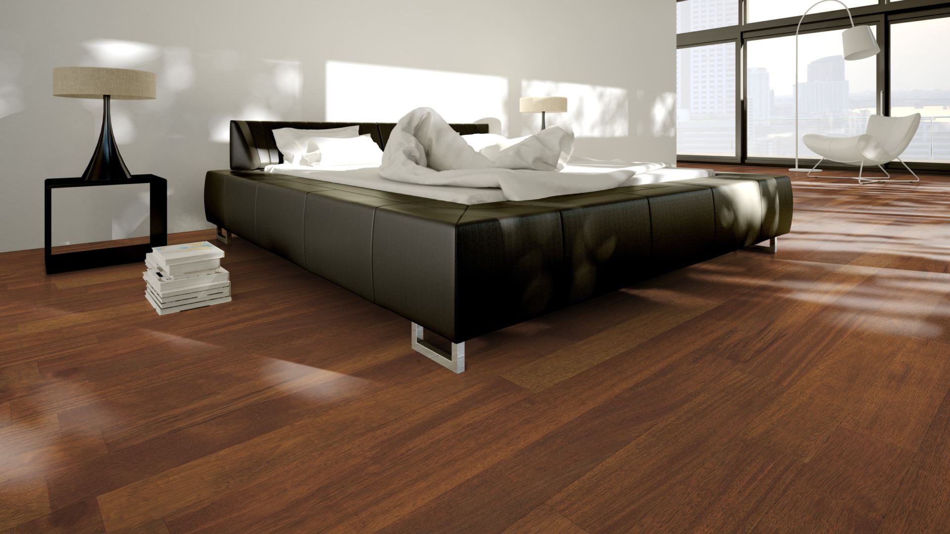 Merbau Eleganz roh, geschliffen Massivholzdiele 15 × 120 mm – Beispielbild modernes Schlafzimmer