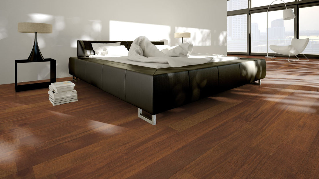 Merbau Eleganz roh, geschliffen Massivholzdiele 15 × 120 mm – Beispielbild modernes Schlafzimmer
