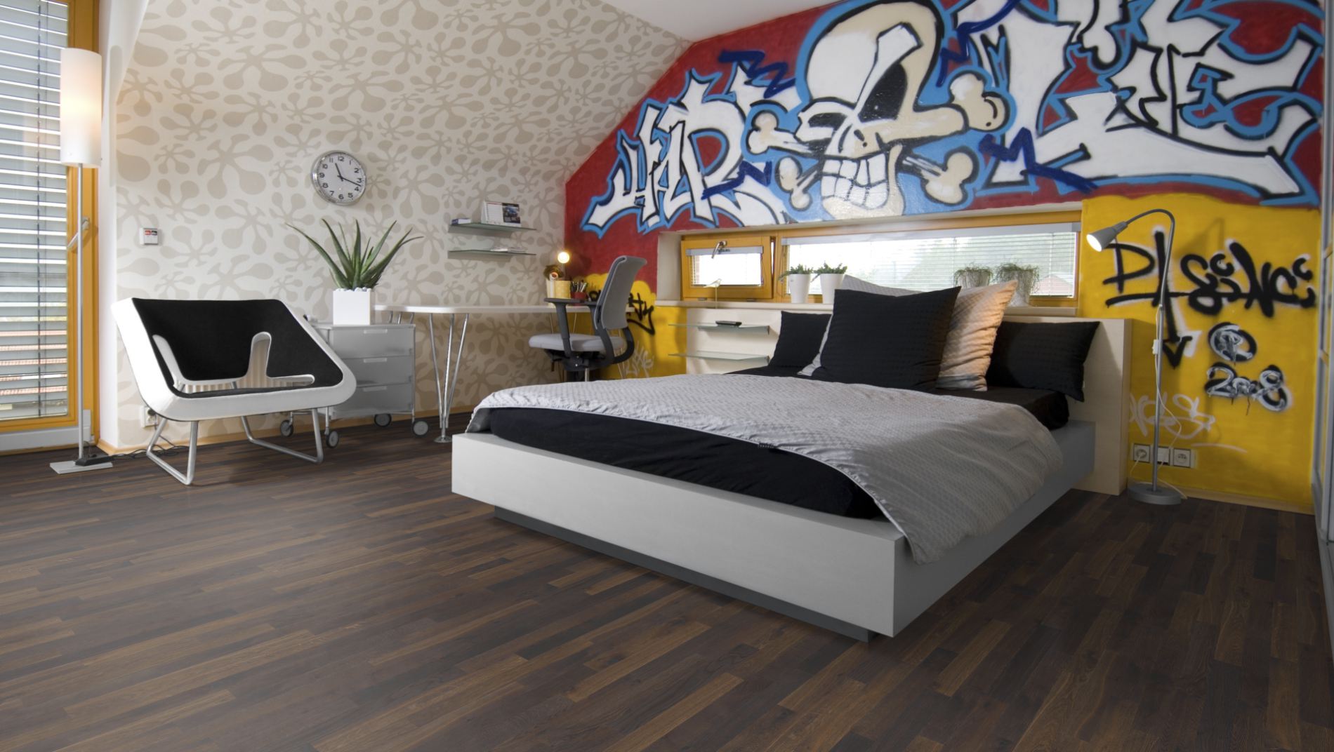 Räuchereiche Stabparkett Naturell Beispielbild Schlafzimmer mit Graffiti Wand