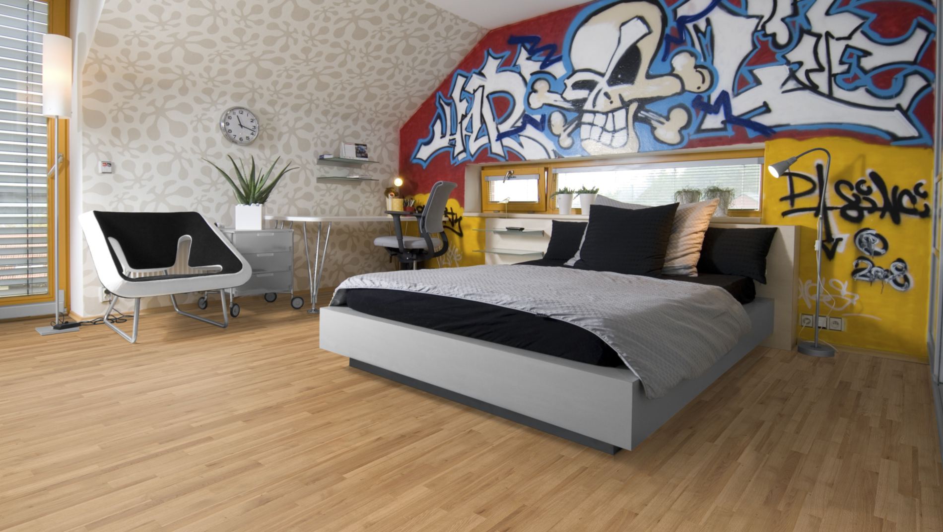 Eiche Stabparkett Naturell 15 mm roh – Beispielbild modernes Schlafzimmer mit Graffiti-Wand und Bett
