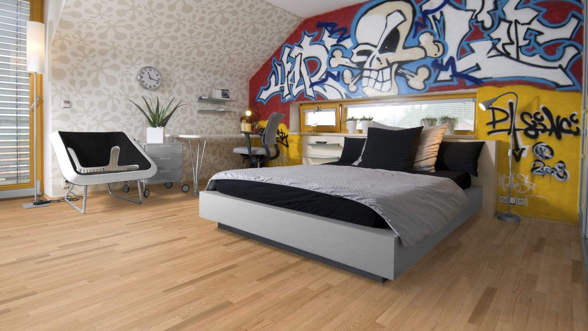 Roteiche Stabparkett Select/Natur 15 mm roh – Beispielbild modernes Schlafzimmer mit Graffiti-Wand und Bett
