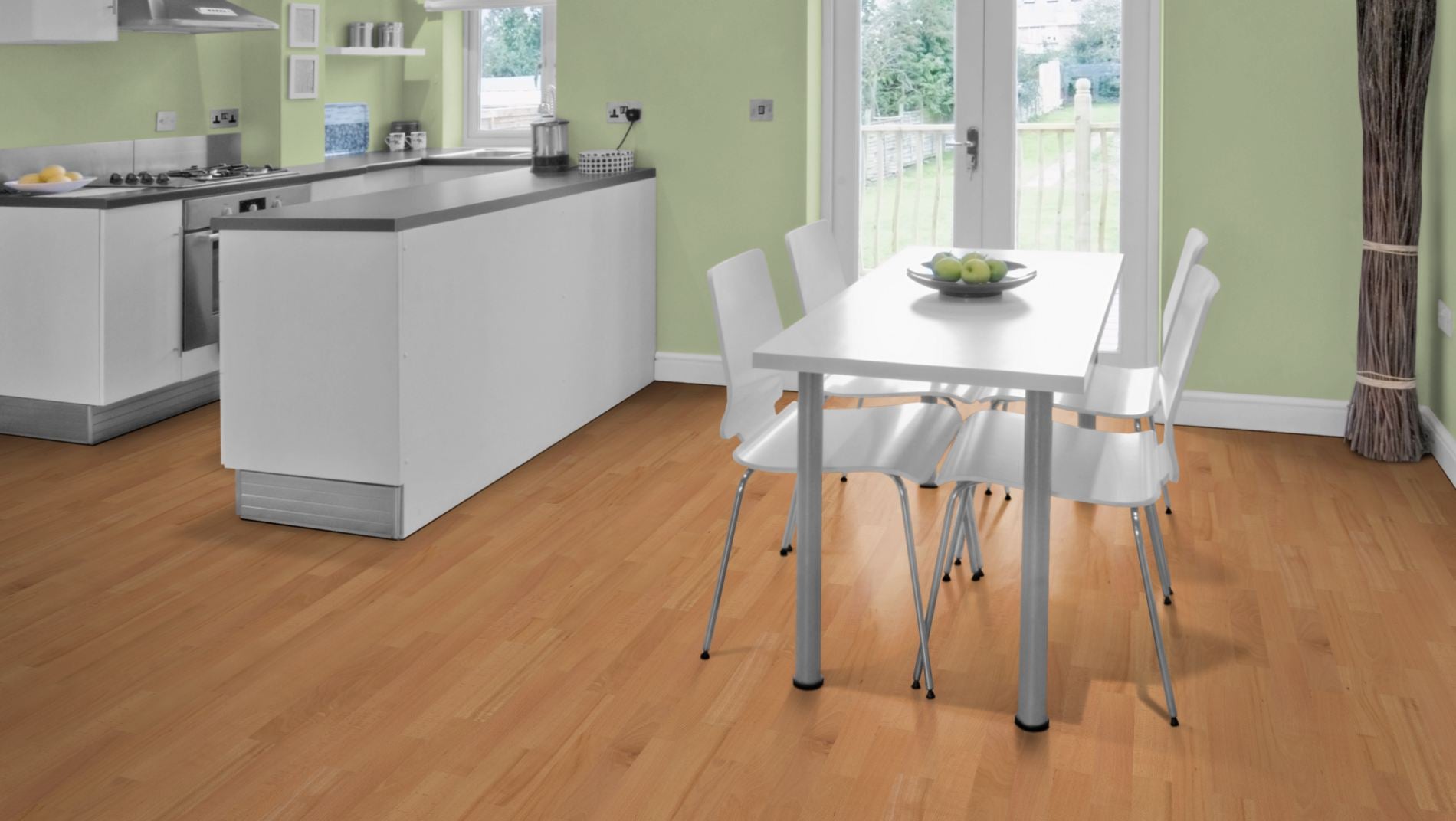 Buche ged. Stabparkett Select/Natur 15 mm roh – Beispielbild moderne Küche mit Esstisch und weißen Möbeln
