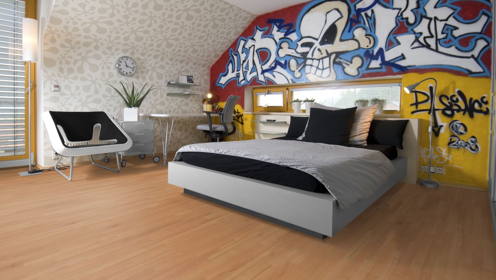 Buche ged. Stabparkett Select/Natur 15 mm roh – Beispielbild modernes Schlafzimmer mit Graffiti-Wand und Bett