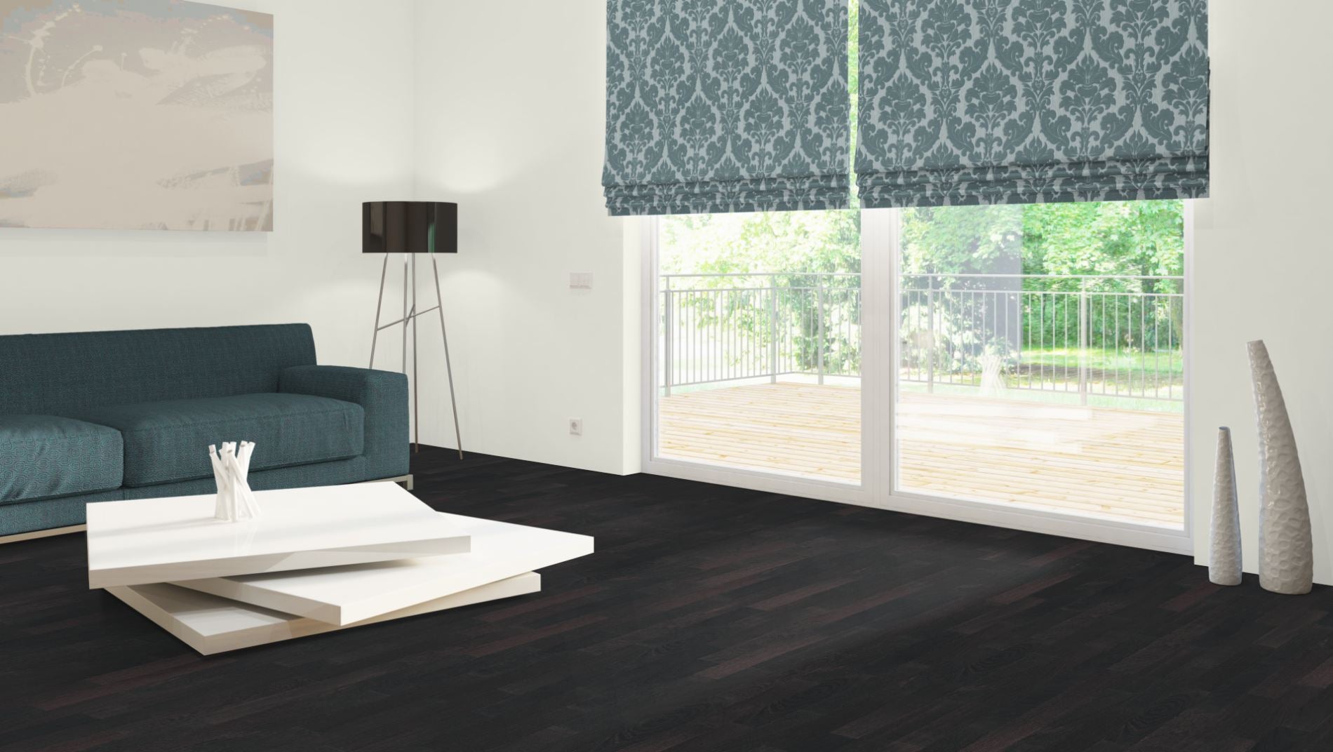 Wenge Stabparkett Natur 15 mm roh – Beispielbild modernes Wohnzimmer mit Sofa und Balkon