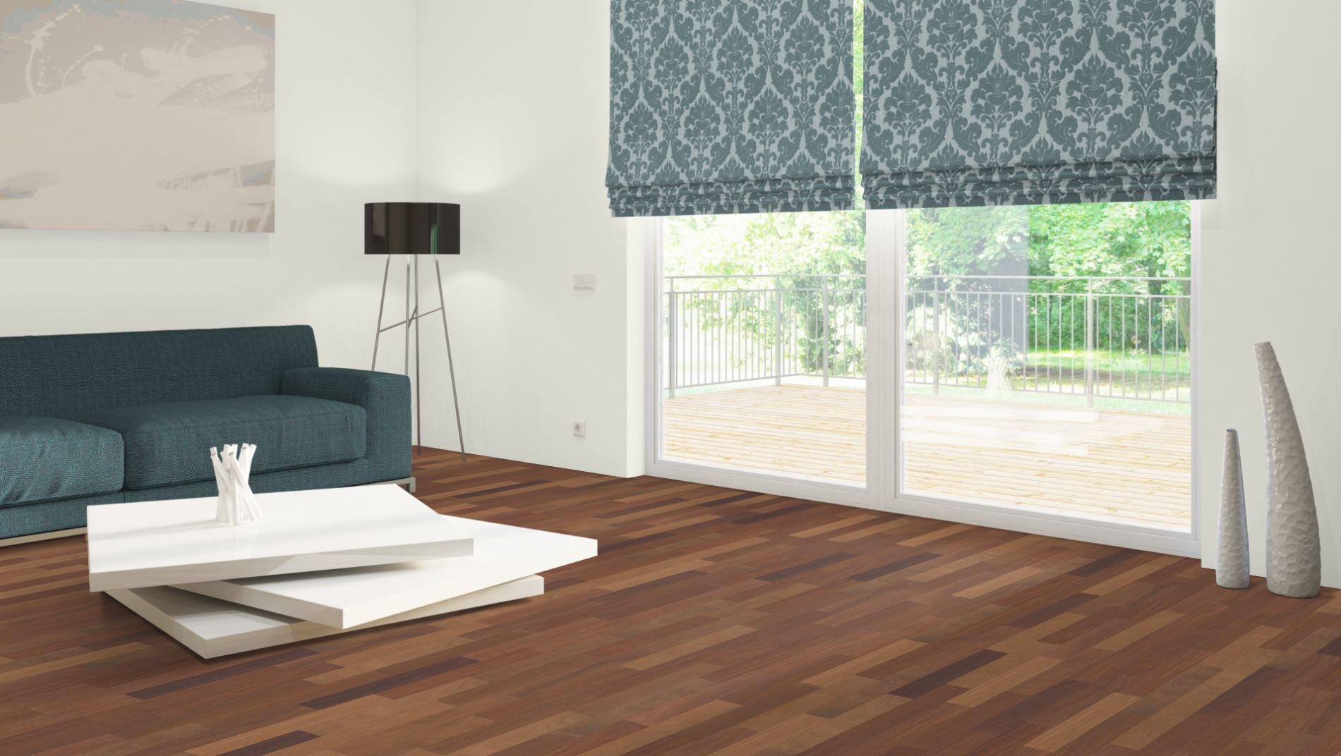 Cumaru Stabparkett Natur 15 mm roh – Beispielbild modernes Wohnzimmer mit Sofa und Balkon