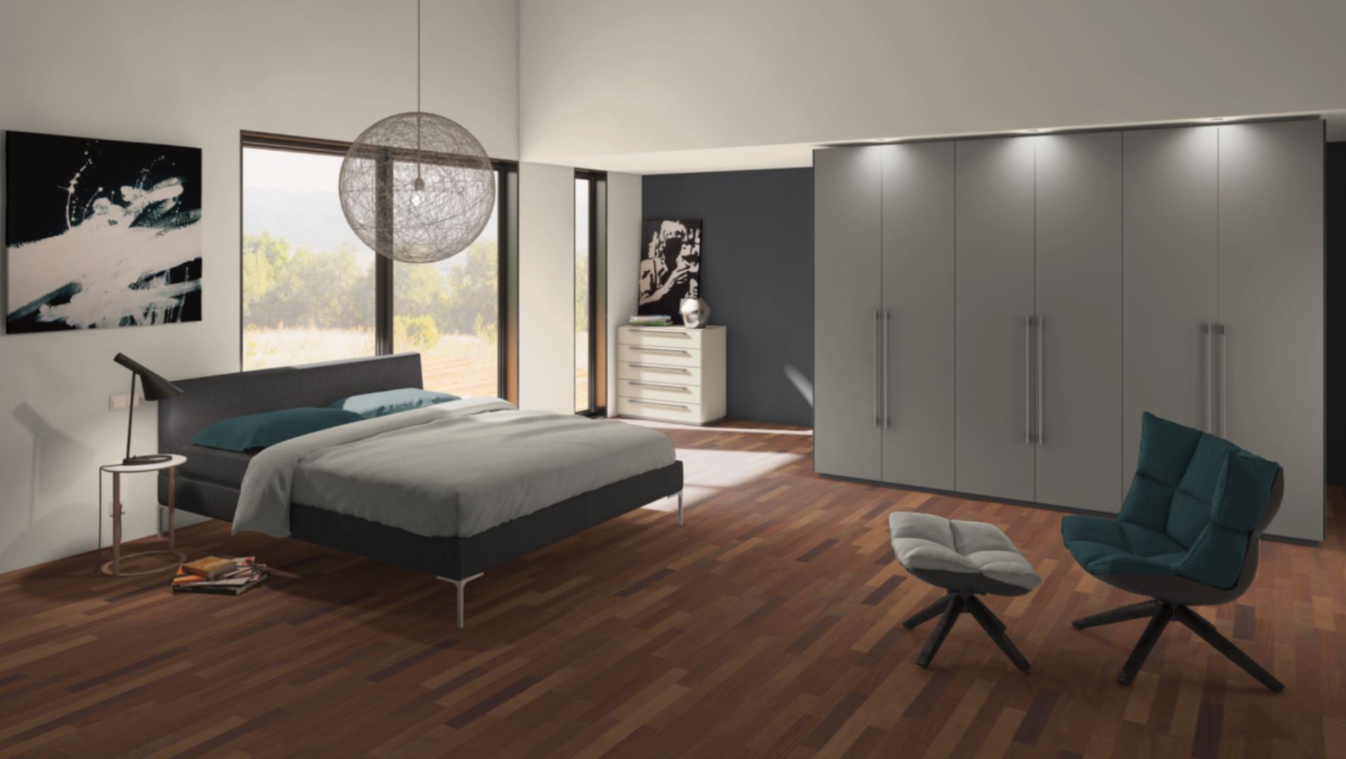 Cumaru Stabparkett Natur 15 mm roh – Beispielbild Schlafzimmer mit großem Bett und Kleiderschrank