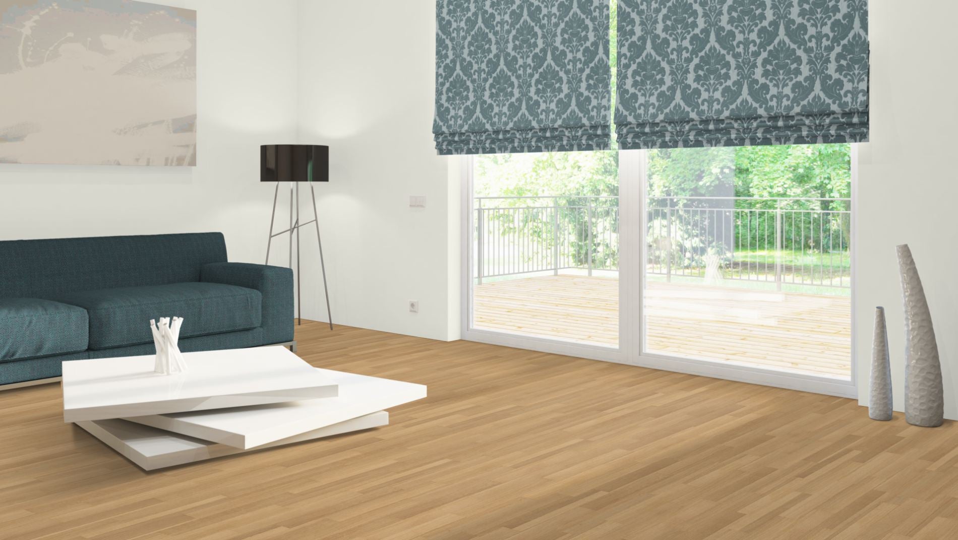 Eiche Stabparkett Exquisit 22 mm roh – Beispielbild modernes Wohnzimmer mit Sofa und Balkon